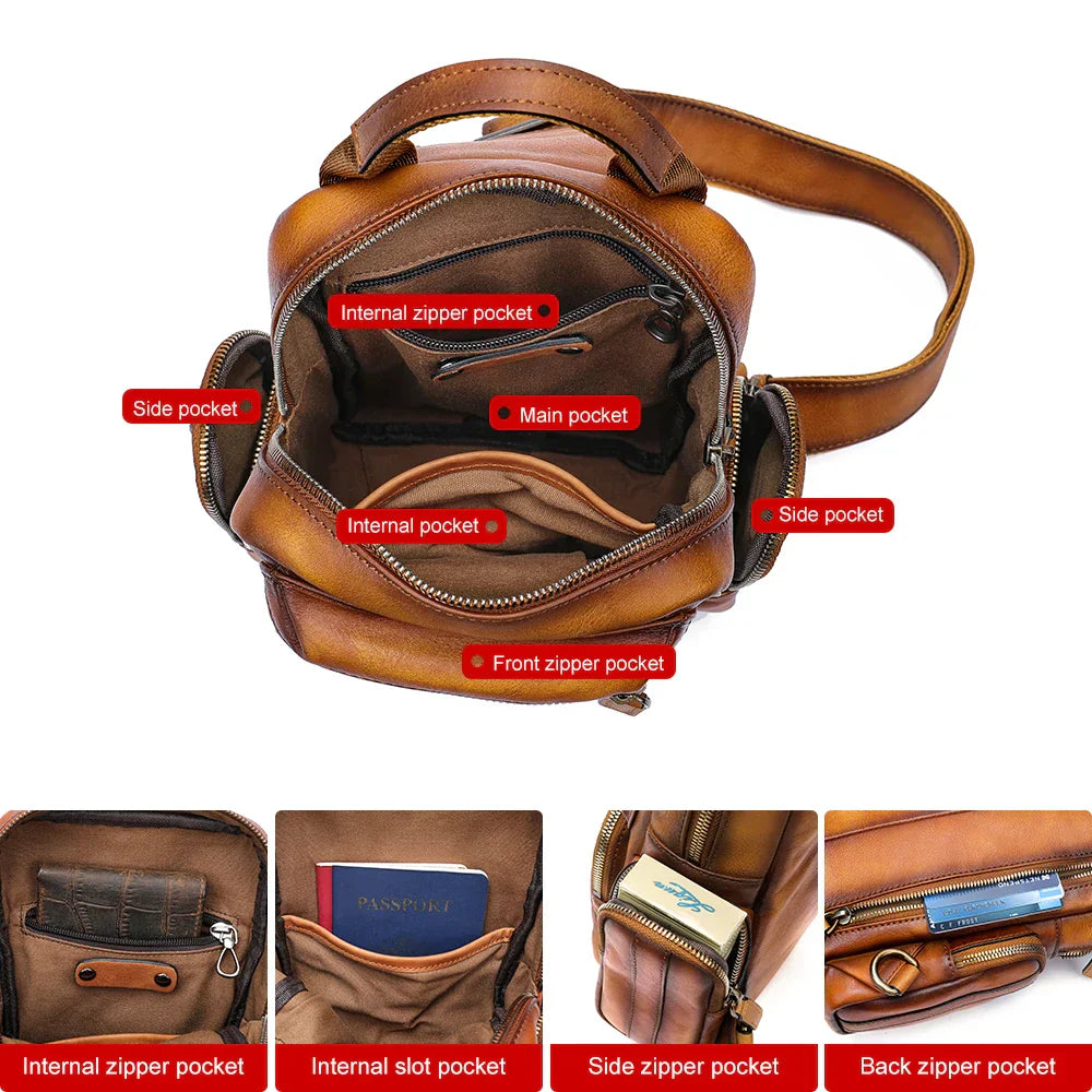 Zaino in pelle marrone con tasche multiple: tasca principale, tasche interne con zip, tasca frontale con zip, tasche laterali. Design elegante e funzionale.