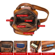 Zaino in pelle marrone con tasche multiple: tasca principale, tasche interne con zip, tasca frontale con zip, tasche laterali. Design elegante e funzionale.