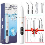 Kit pulizia dentale elettrico per uso domestico con schermo LED, include strumenti in acciaio inox e cavo USB. Ideale per igiene orale completa.