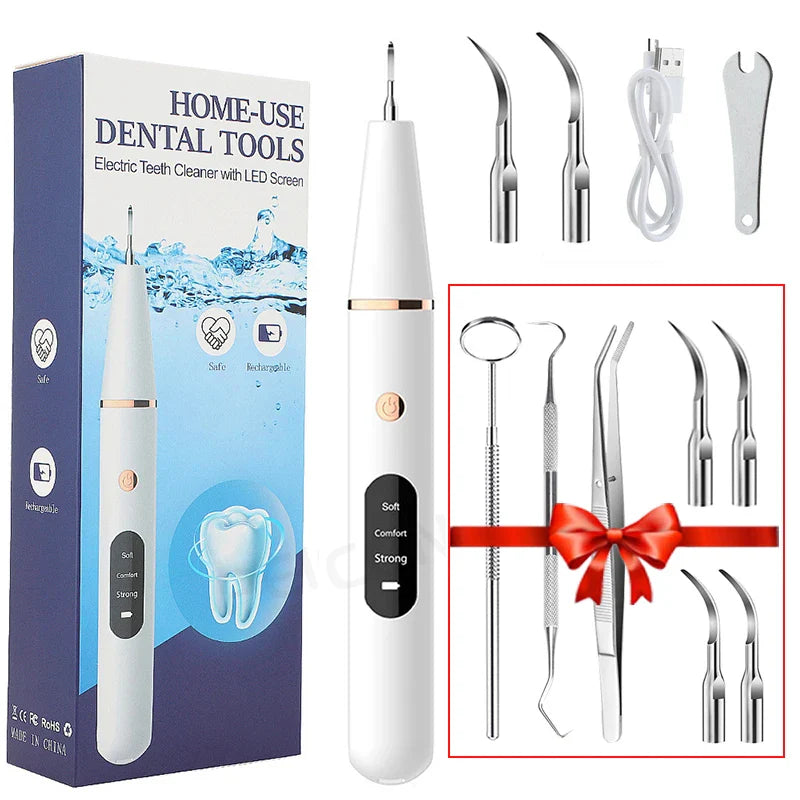 Kit pulizia dentale elettrico per uso domestico con schermo LED, include strumenti in acciaio inox e cavo USB. Ideale per igiene orale completa.