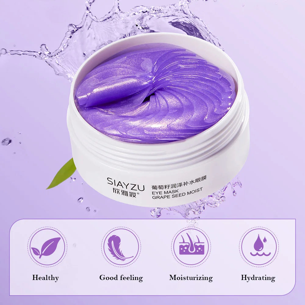 Maschera occhi idratante ai semi d'uva, colore viola, confezione aperta, texture cremosa, benefici: idratazione, sensazione di benessere, pelle sana.