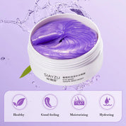 Maschera occhi idratante ai semi d'uva, colore viola, confezione aperta, texture cremosa, benefici: idratazione, sensazione di benessere, pelle sana.
