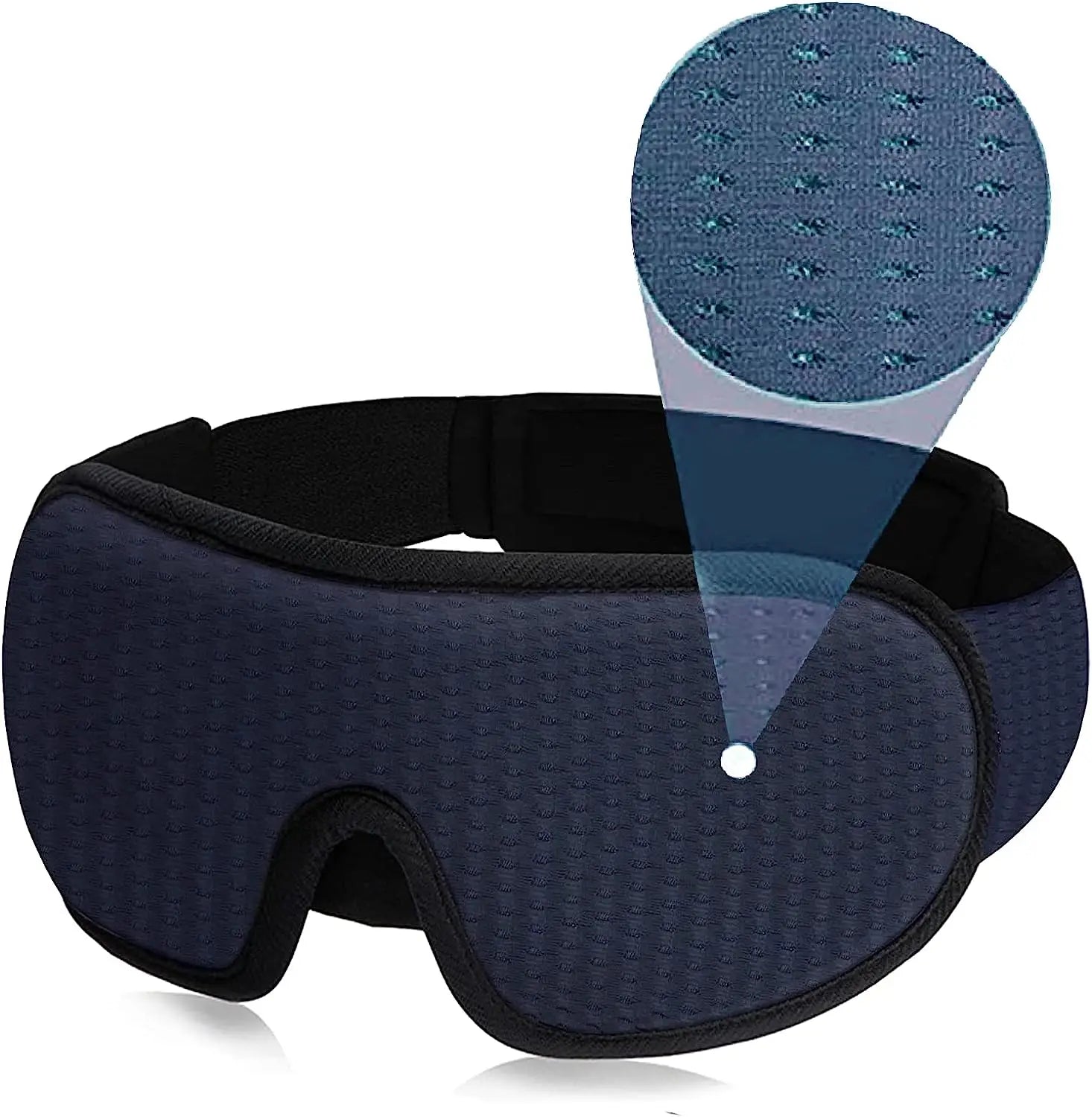 Maschera per dormire in memory foam blu scuro, design ergonomico, traspirante, con dettaglio tessuto a nido d'ape, ideale per viaggi e relax.