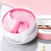 Maschera occhi idratante Bioaqua all'acido ialuronico e rosa, confezione aperta con spatola, 60 patch rosa per ridurre occhiaie e idratare.