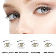 Primo piano occhi donna con trucco naturale, illustrazioni benefici crema occhi: riduzione borse, occhiaie, idratazione, anti-rughe.