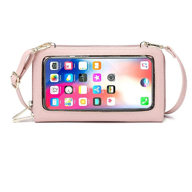 Borsa a tracolla rosa con finestra trasparente per smartphone, design elegante e pratico, accessorio moda donna, compatibile con vari modelli.