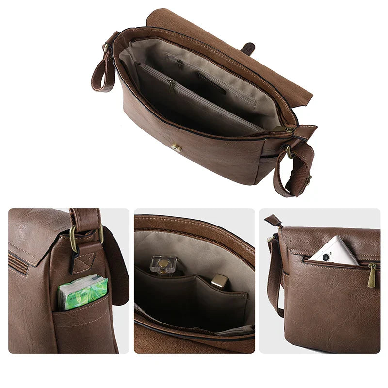 Borsa a tracolla in pelle marrone con scomparti multipli, chiusura a zip, tasche interne ed esterne, ideale per uomo e donna, stile casual ed elegante.