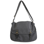 Borsa a tracolla in tela grigia con fibbie in pelle nera, design casual e spazioso, ideale per uso quotidiano e viaggi.