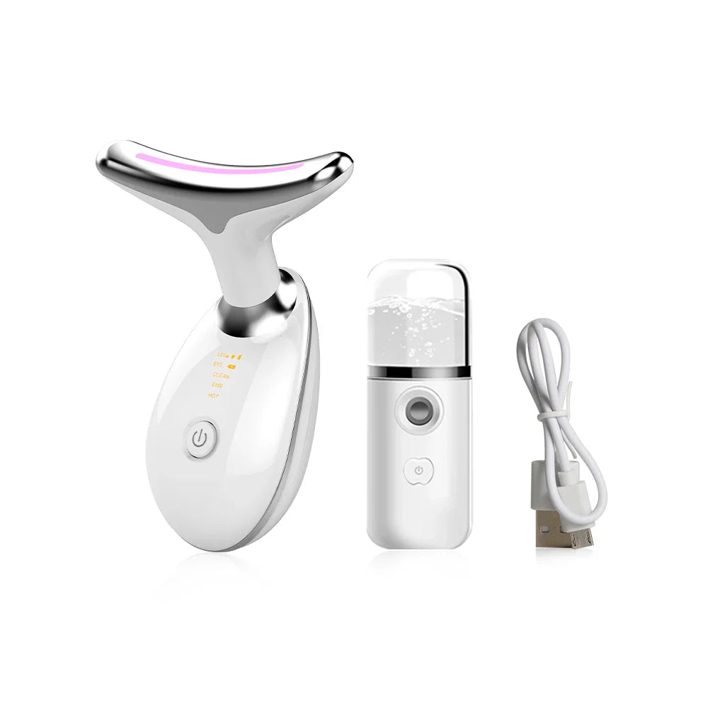 Dispositivo massaggio viso LED bianco con vaporizzatore portatile e cavo USB, cura della pelle, anti-invecchiamento, bellezza, tecnologia avanzata.
