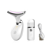 Dispositivo massaggio viso LED bianco con vaporizzatore portatile e cavo USB, cura della pelle, anti-invecchiamento, bellezza, tecnologia avanzata.