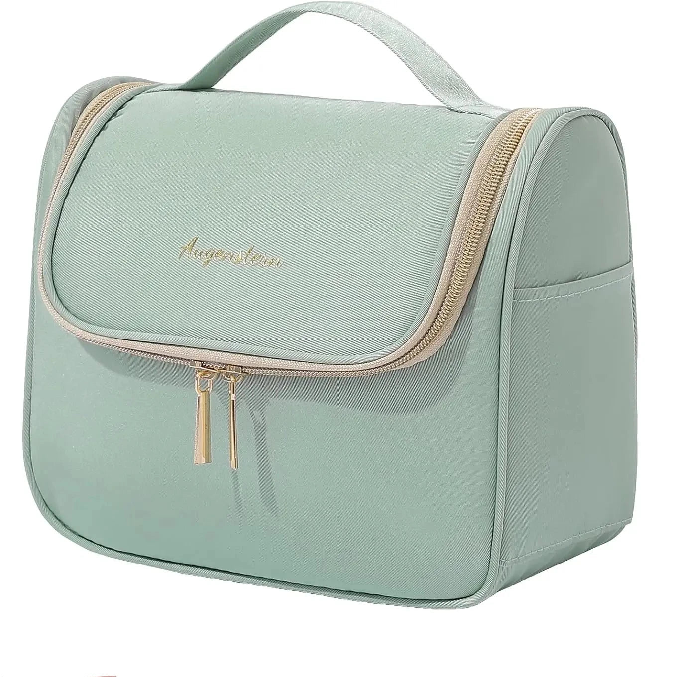 Borsa da toilette verde menta con manico, cerniera dorata e tasche laterali. Ideale per viaggi, organizzazione cosmetici e accessori bagno.
