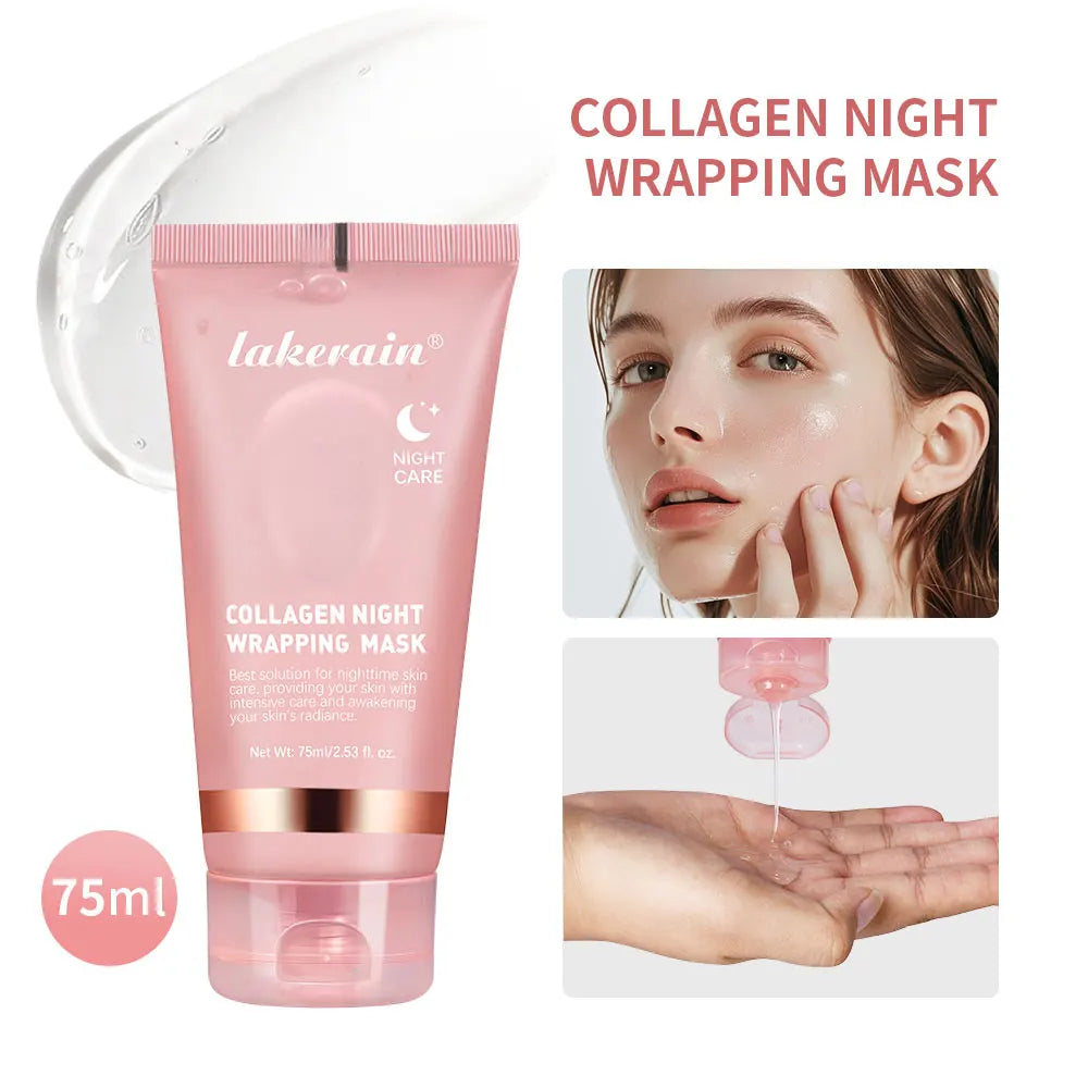 Maschera notte al collagene Lakerain 75ml, idratante e rigenerante per la pelle, con immagini dimostrative di applicazione e texture cremosa.