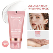 Maschera notte al collagene Lakerain 75ml, idratante e rigenerante per la pelle, con immagini dimostrative di applicazione e texture cremosa.