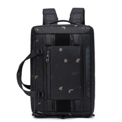Zaino nero multifunzionale con tasche multiple, design moderno e dettagli mimetici. Ideale per viaggi, lavoro e uso quotidiano.