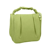 Borsa cosmetica verde chiaro con manico intrecciato, design elegante e chiusura a zip. Ideale per viaggi, organizzazione trucco e accessori.