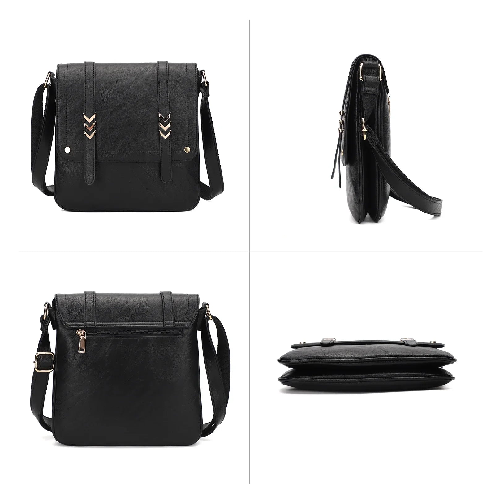 Borsa a tracolla in pelle nera, design elegante con dettagli metallici, chiusura a zip, tasca posteriore, ideale per uomo e donna, vista multipla.
