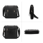 Borsa a tracolla in pelle nera, design elegante con dettagli metallici, chiusura a zip, tasca posteriore, ideale per uomo e donna, vista multipla.