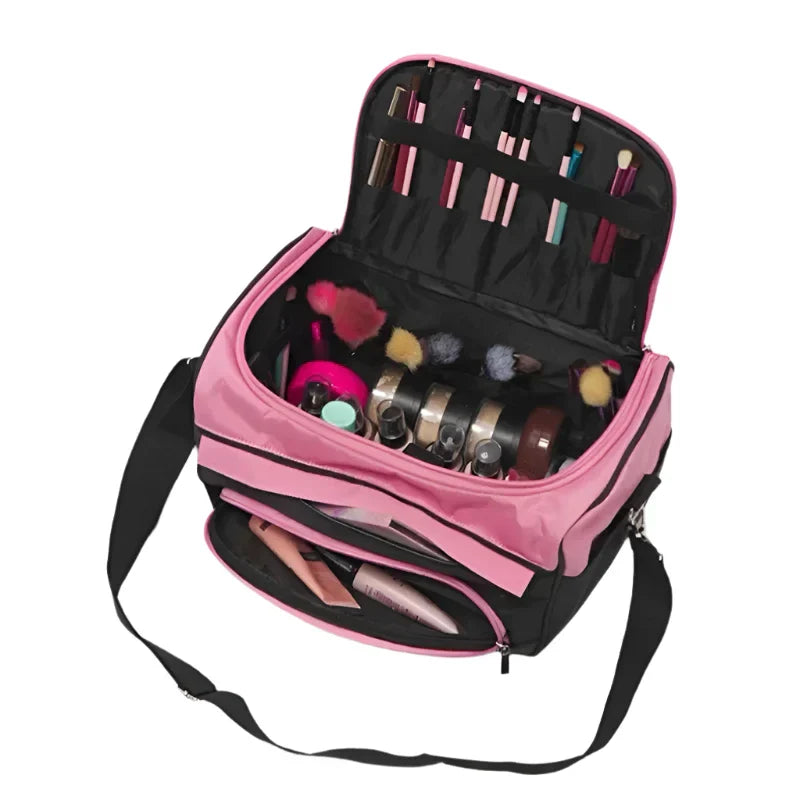 Borsa trucco professionale rosa e nera con pennelli, cosmetici e accessori organizzati. Ideale per viaggi e make-up artist.