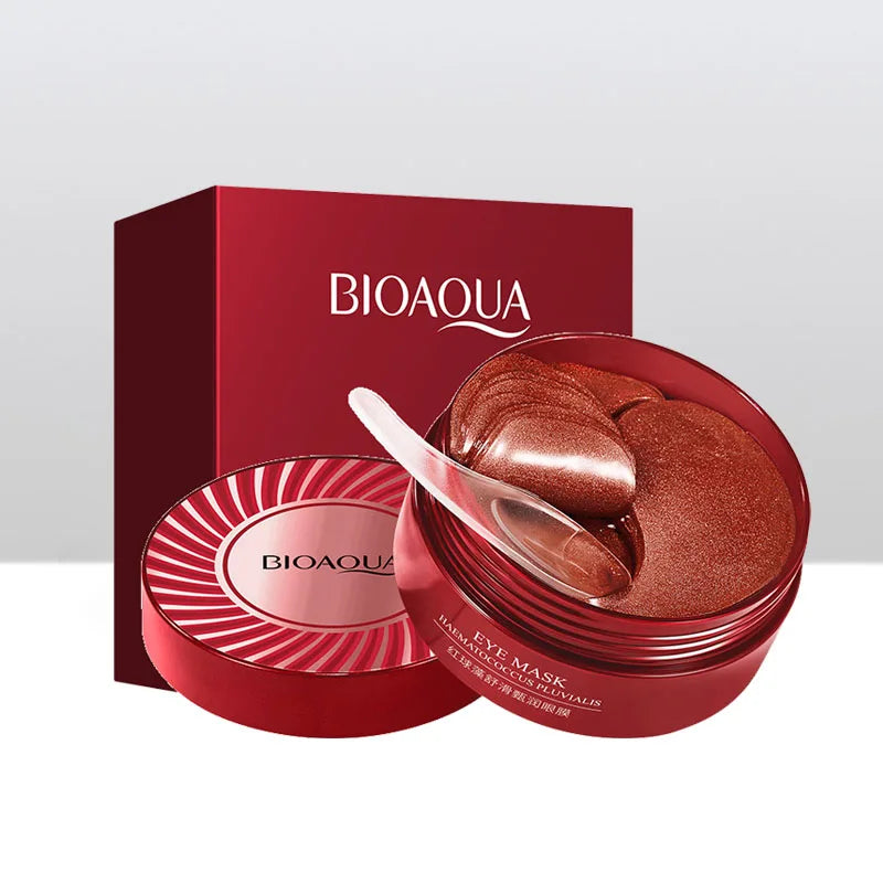 Maschera occhi Bioaqua in confezione rossa, idratante e anti-età, con cucchiaio applicatore. Cura della pelle, riduzione occhiaie e rughe.