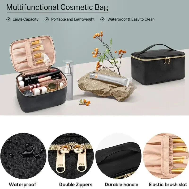 Borsa cosmetica multifunzionale nera, impermeabile, con doppie cerniere, manico resistente e slot elastici per pennelli. Portatile e leggera.