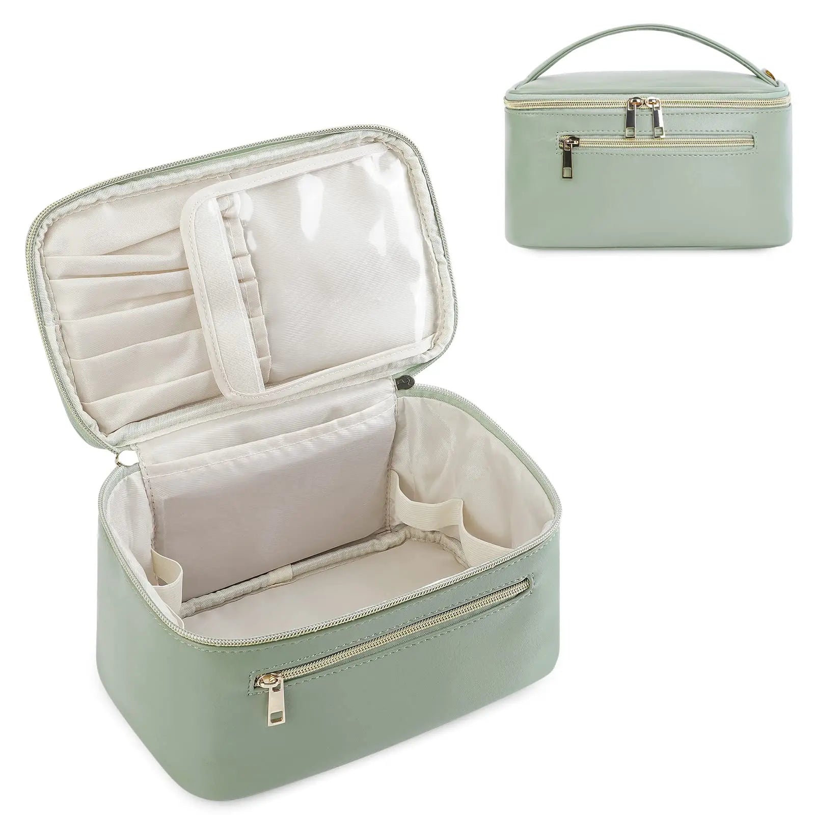 Borsa cosmetica verde menta con cerniera, tasche interne e manico. Ideale per trucco e accessori da viaggio. Design elegante e funzionale.
