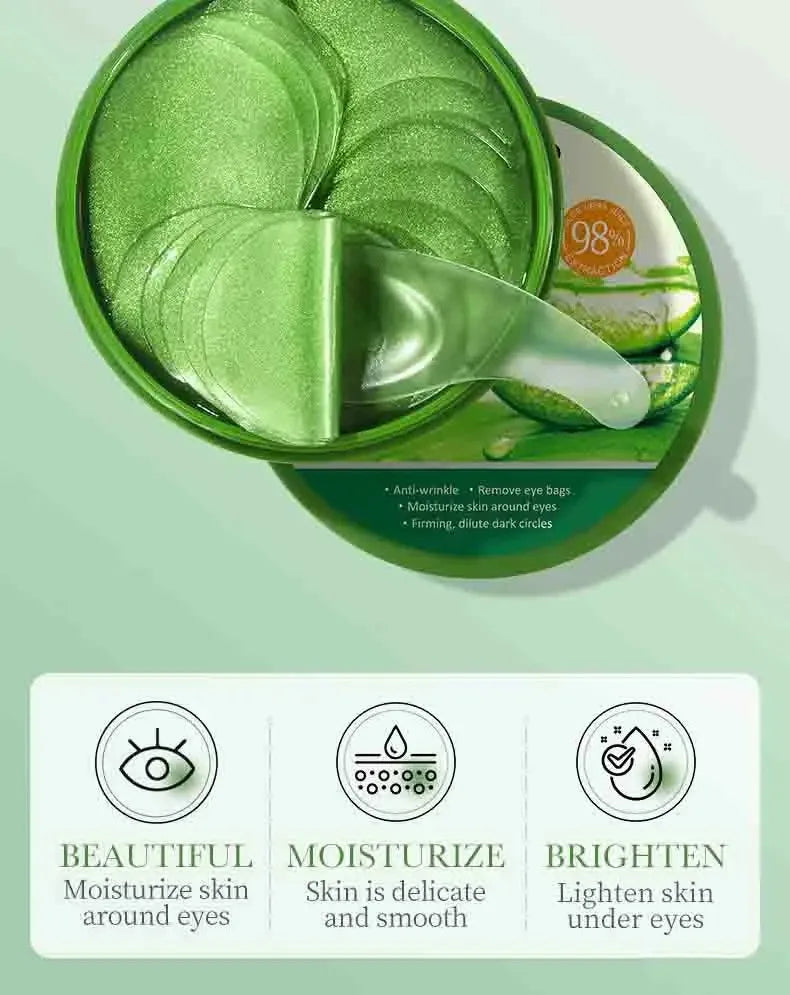 Maschera occhi in gel verde, confezione aperta con spatola. Idratante, anti-rughe, riduce occhiaie. Formula con aloe, 98% naturale.