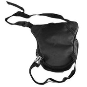 Marsupio nero a gamba, design ergonomico, con cinghie regolabili e fibbie in plastica, ideale per moto e outdoor. Accessorio pratico e resistente.