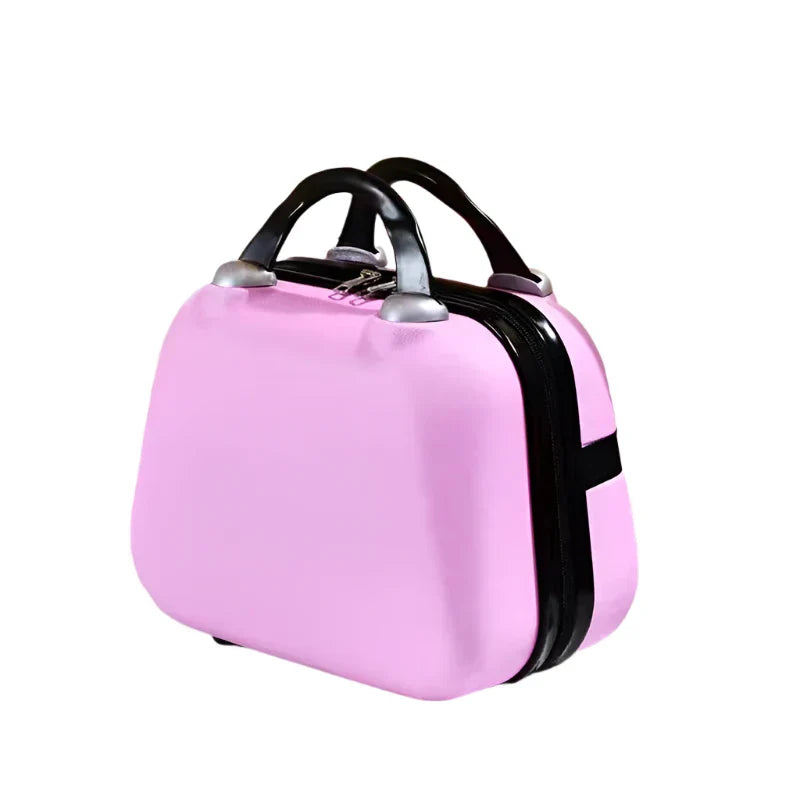 Valigia rigida rosa con manici neri, design compatto, ideale per viaggi brevi. Bagaglio a mano elegante e resistente, perfetto per voli low-cost.