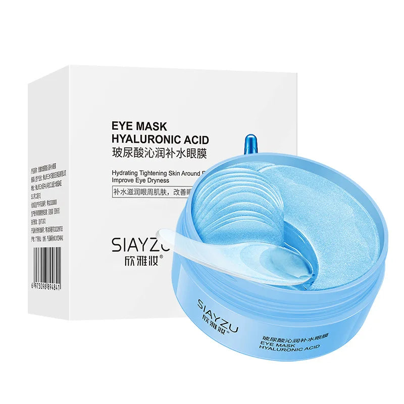 Maschera occhi all'acido ialuronico SIAYZU, idratante e rassodante, confezione da 60 pezzi. Riduce secchezza e migliora la pelle intorno agli occhi.