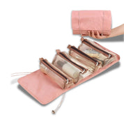 Astuccio da viaggio rosa con tasche trasparenti, organizer cosmetici, borsa arrotolabile, portatile, ideale per trucco e accessori da bagno.