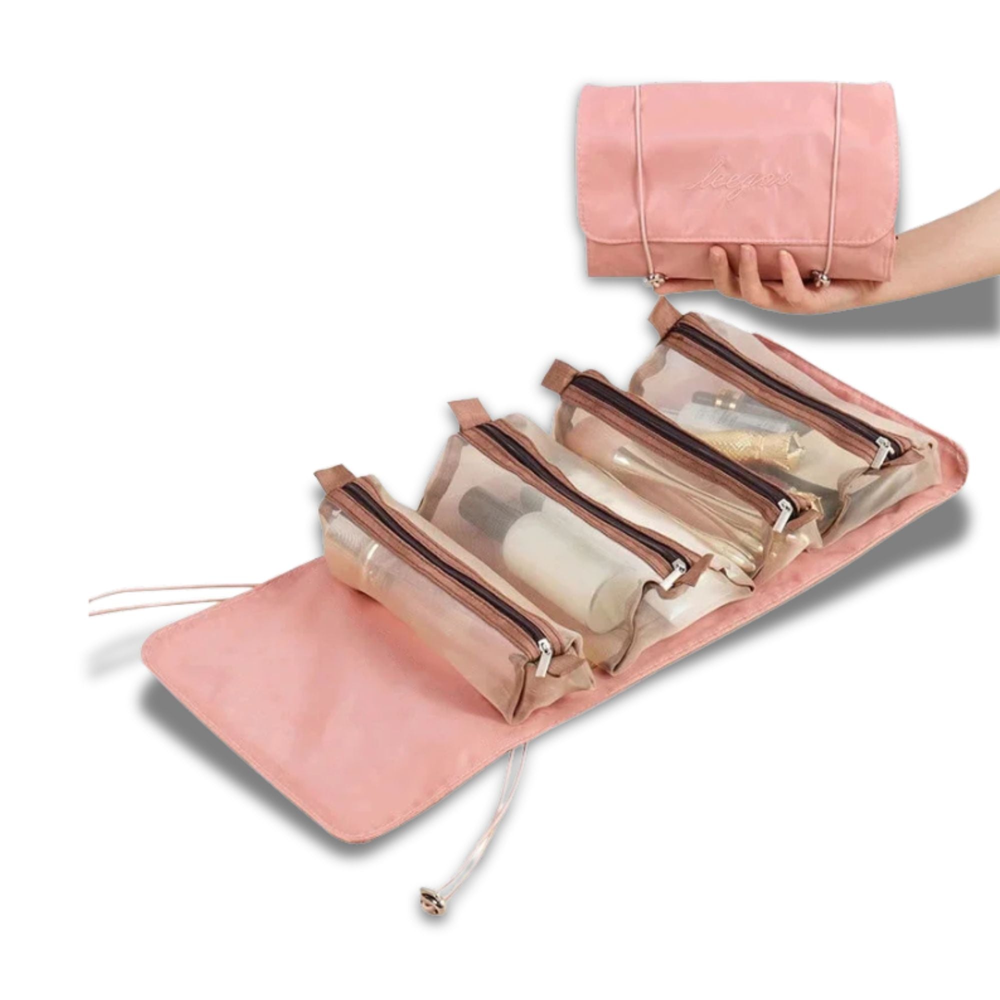 Astuccio da viaggio rosa con tasche trasparenti, organizer cosmetici, borsa arrotolabile, portatile, ideale per trucco e accessori da bagno.