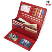 Portafoglio rosso in pelle con protezione RFID, scomparti per carte di credito, foto e banconote. Design elegante e funzionale per sicurezza e stile.