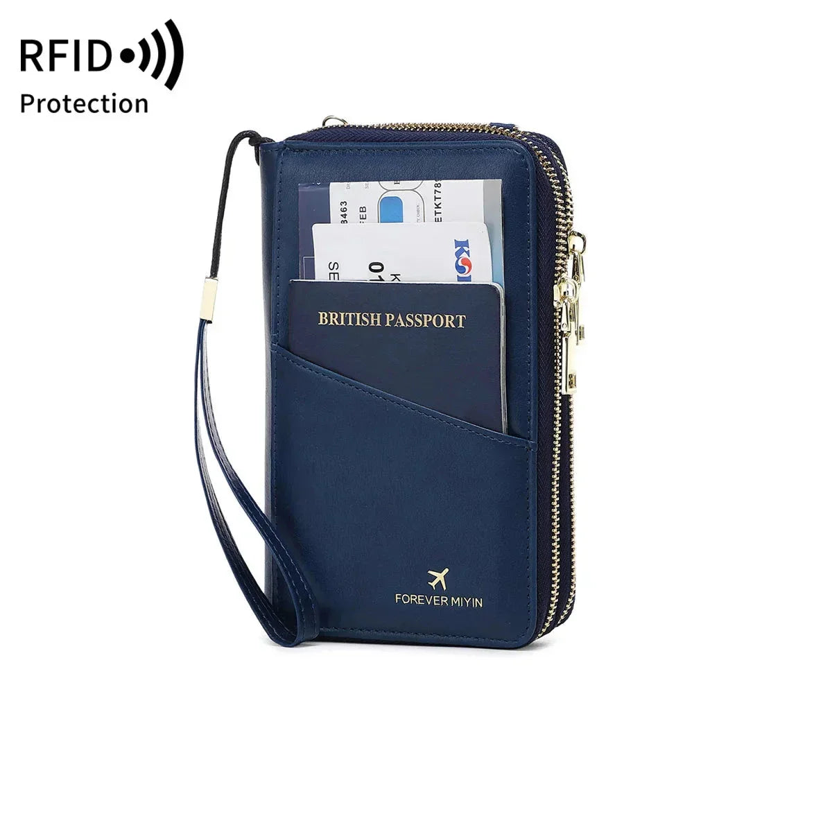Portafoglio da viaggio blu con protezione RFID, tasca per passaporto, slot per carte di credito e cerniera. Ideale per viaggi sicuri e organizzati.