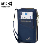 Portafoglio da viaggio blu con protezione RFID, tasca per passaporto, slot per carte di credito e cerniera. Ideale per viaggi sicuri e organizzati.