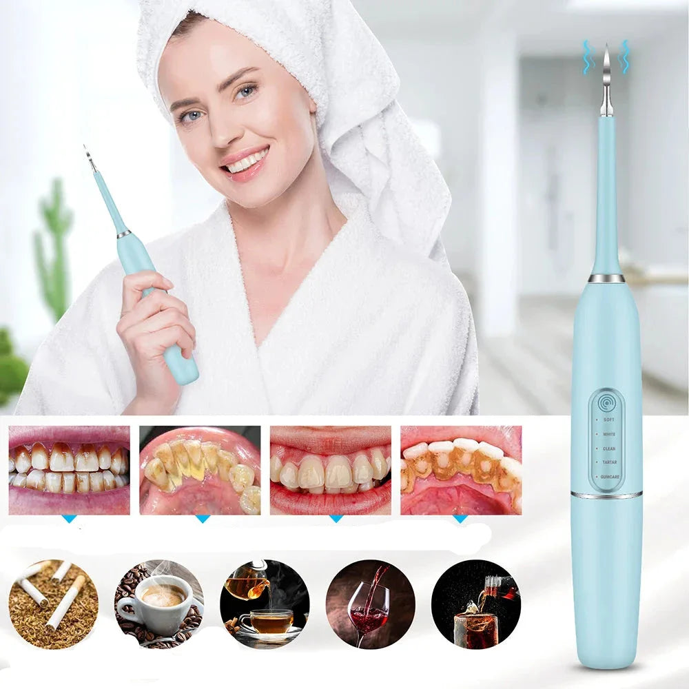 Spazzolino elettrico blu per sbiancamento denti, con immagini di risultati prima e dopo. Donna sorridente in accappatoio bianco. Accessori per igiene orale.