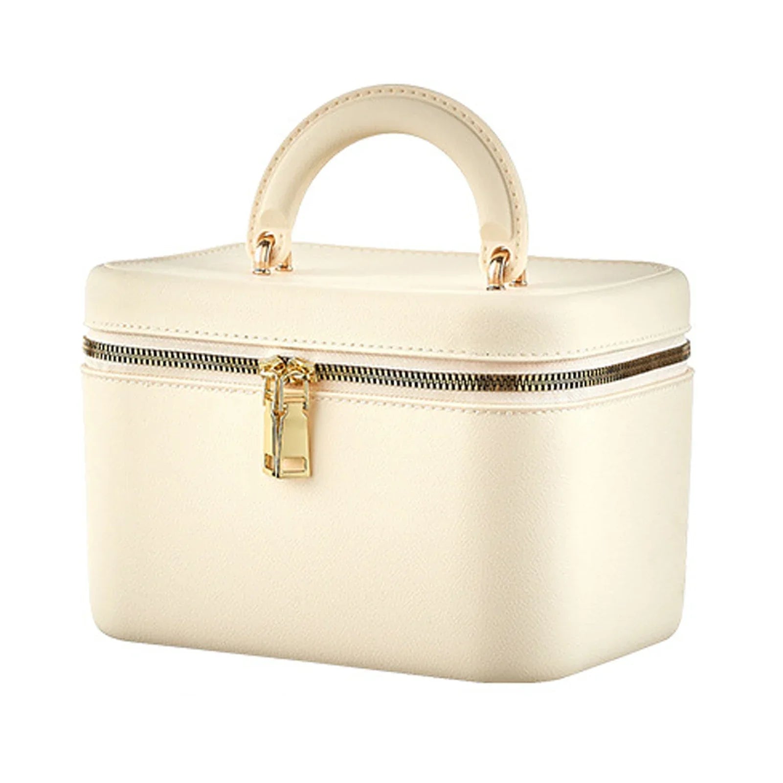 Elegante borsa cosmetica in pelle bianca con manico, chiusura a zip dorata. Ideale per viaggi, organizzazione trucco, accessori moda.