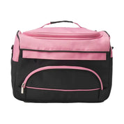 Borsa termica rosa e nera con manico, tasca frontale con zip, ideale per picnic e viaggi. Design moderno e funzionale.