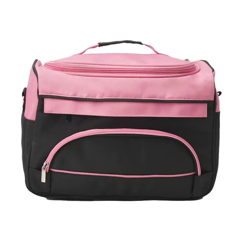 Borsa termica rosa e nera con manico, tasca frontale con zip, ideale per picnic e viaggi. Design moderno e funzionale.