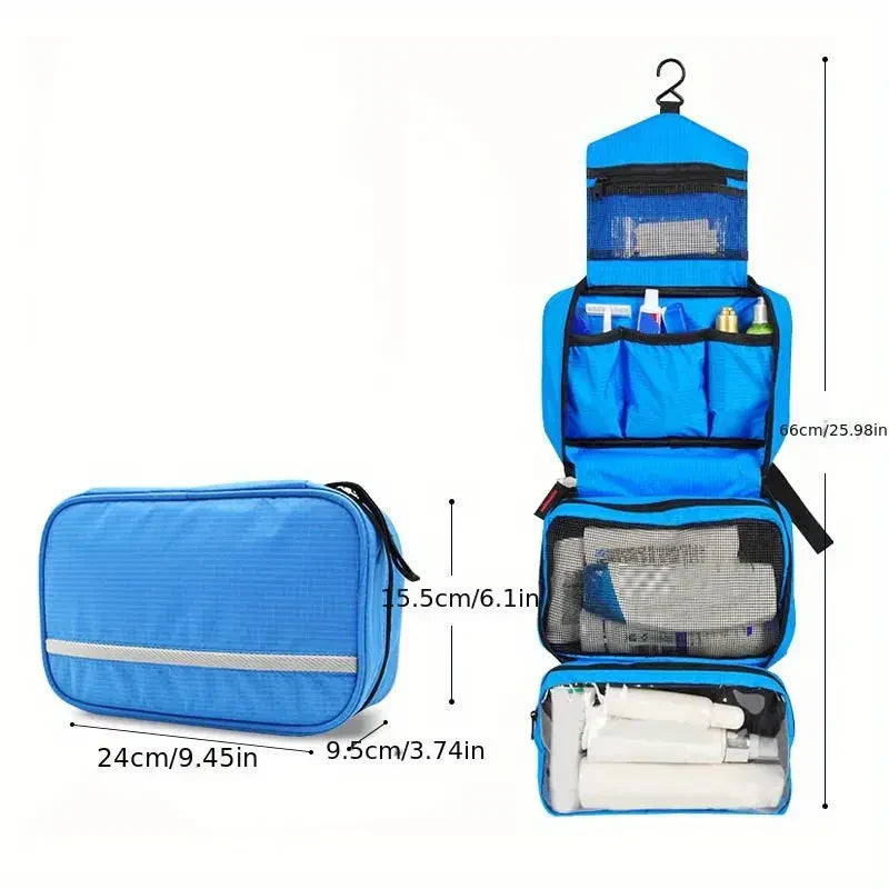 Borsa da viaggio blu con gancio, scomparti multipli, dimensioni 24x9,5x15,5 cm, ideale per articoli da toeletta e accessori, design compatto e organizzato.