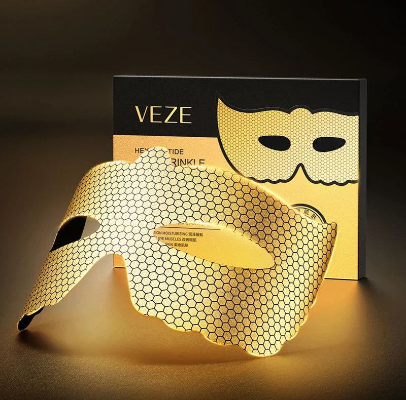 Maschera viso dorata a nido d'ape, confezione elegante, marchio VEZE, trattamento antirughe, cura della pelle, bellezza, idratazione, lusso.