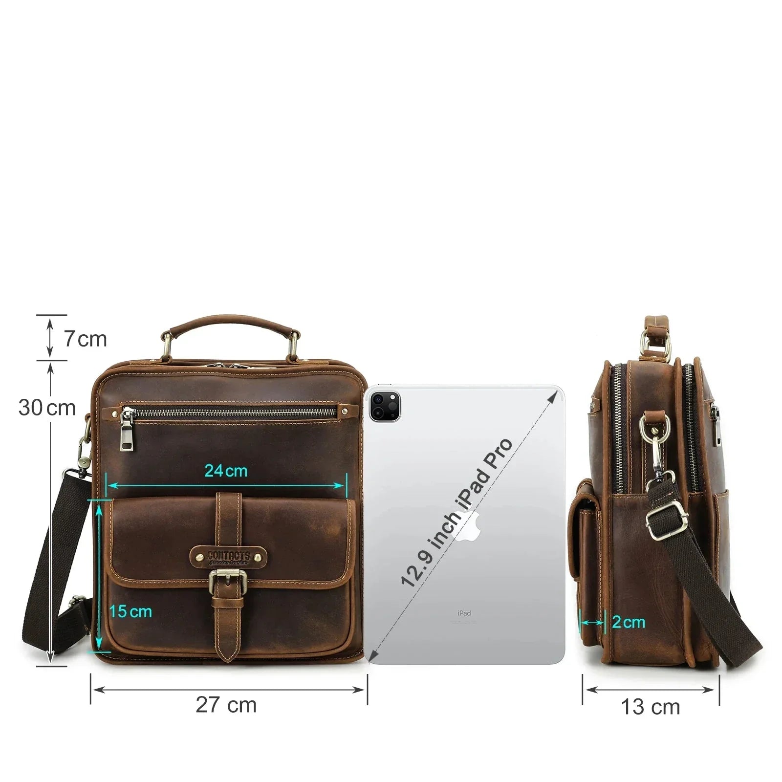 Borsa a tracolla in pelle marrone, dimensioni 30x27x13 cm, con tasche multiple e spazio per iPad Pro 12.9 pollici. Design elegante e funzionale.