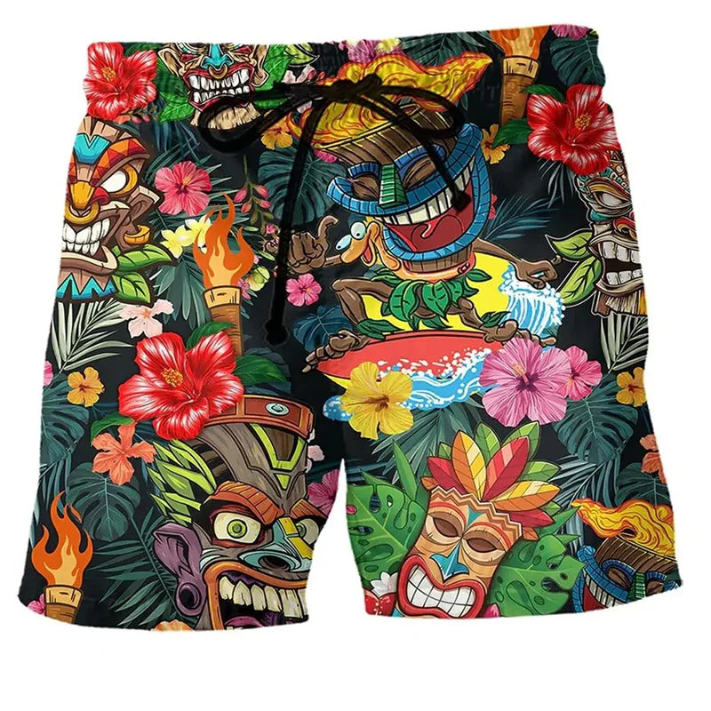Pantaloncini da bagno uomo con stampa tiki hawaiana, fiori tropicali e foglie verdi. Design vivace, ideale per l'estate e la spiaggia.