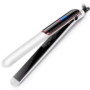 Piastra per capelli professionale bianca e nera con display digitale LED, controllo temperatura, design ergonomico, styling capelli liscio.