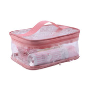 Borsa trasparente da viaggio in PVC rosa con cerniera, impermeabile, ideale per cosmetici e articoli da toeletta, design compatto e portatile.