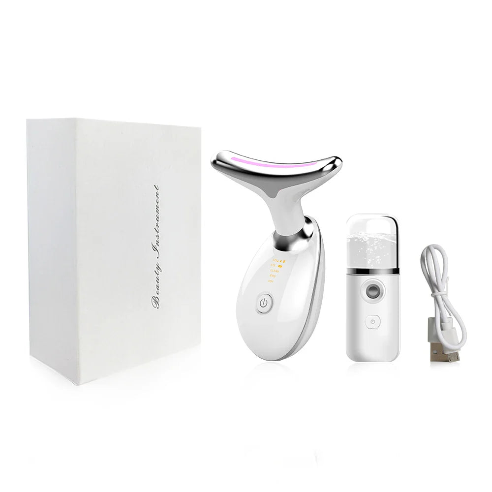 Dispositivo massaggio viso bianco con scatola, vaporizzatore portatile e cavo USB. Strumento bellezza per cura pelle, anti-invecchiamento, lifting.