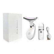Dispositivo massaggio viso bianco con scatola, vaporizzatore portatile e cavo USB. Strumento bellezza per cura pelle, anti-invecchiamento, lifting.