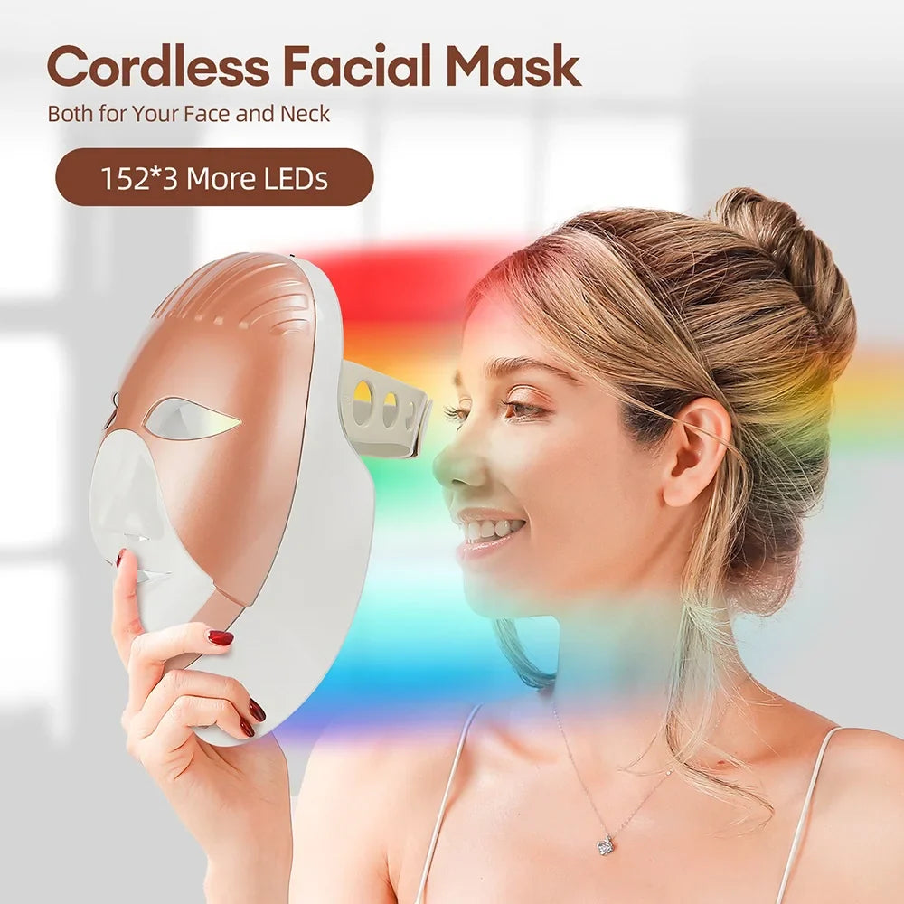 Maschera facciale LED senza fili, terapia luce per viso e collo, 152*3 LED, design ergonomico, trattamento bellezza, cura pelle, anti-età.