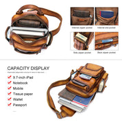 Zaino in pelle marrone con tasche multiple, adatto per iPad 9,7 pollici, notebook, cellulare, fazzoletti, portafoglio e passaporto. Ideale per viaggi.