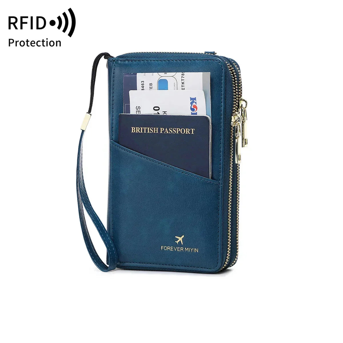 Portafoglio da viaggio blu con protezione RFID, tasca per passaporto britannico, carte di credito e cerniera. Accessorio sicuro ed elegante per viaggiatori.