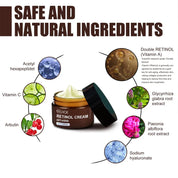 Crema al retinolo anti-età con ingredienti naturali: acetil esapeptide, vitamina C, arbutina, estratti di radice di liquirizia e peonia, sodio ialuronato.